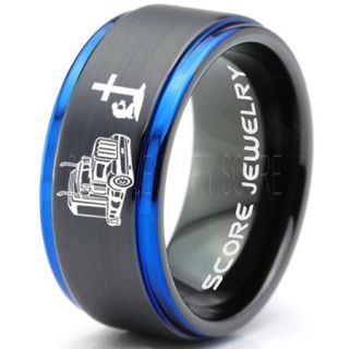 Truck Driver Ring, Trucker Ring, Praying Cowboy Ring, Black Tungsten Ring, Trucker Jewelry, Truck Driver Wedding Band, Black Tungsten Band, Black Wedding Ring