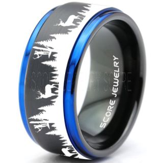 Deer Hunting Ring, Elk Hunting Ring, Deer Hunting Tungsten Ring, Crossbow Deer Hunting Ring, Crossbow Deer Ring, Elk in Forest Scene Ring, Deer Jewelry, Black Tungsten Wedding Band
