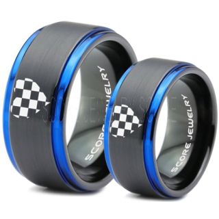 Racing Ring, 2 Piece Couple Ring Set, Racing Flag Ring, Checkered Flag Heart Ring, Chequered Flag Ring, Black Tungsten Ring, Auto Racing Ring, Black Wedding Band, Black Tungsten Ring