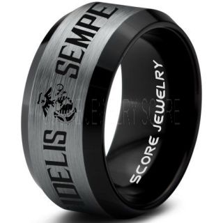 Semper Fidelis Marines Ring, United States Marine Corps Ring, 10mm Black Tungsten Ring, Black Wedding Band, Black Tungsten Band, Military Ring, United States Marine Corps