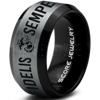 Semper Fidelis Marines Ring, United States Marine Corps Ring, 10mm Black Tungsten Ring, Black Wedding Band, Black Tungsten Band, Military Ring, United States Marine Corps