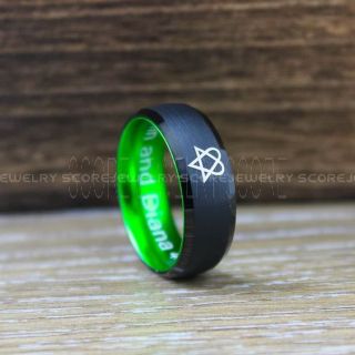 Heartagram Ring, Heartagram Wedding Ring, 8mm Black Tungsten Ring with Green Interior, Black Wedding Ring, Heartagram Wedding Band ECG Ring