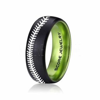 Baseball Ring, Baseball Stitch Pattern Ring, Green Tungsten Ring, Green Ring, Black Wedding Band, Black Wedding Ring, Baseball Stitch Ring, Green Wedding Band