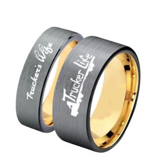 Truck Driver Ring, Trucker's Wife Ring, 2 Piece Couple Set Trucker Ring, Truck Life Ring, Trucker Life ring, Silver Tungsten Ring, Trucker Jewelry, Truck Driver Wedding Band, Silver Tungsten Band, Silver Wedding Ring