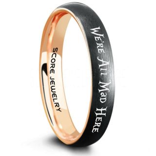 We're All Mad Here Ring, Alice in Wonderland Ring, Alice in Wonderland Wedding Ring, Alice in Wonderland Jewelry, Black Tungsten Ring, Black Ring, Black Wedding Band, Black Wedding Ring