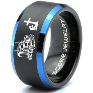 Truck Driver Ring, Trucker Ring, Praying Cowboy Ring, Black Tungsten Ring, Trucker Jewelry, Truck Driver Wedding Band, Black Tungsten Band, Black Wedding Ring