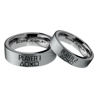 Player 1 Player 2 Rings, Gamer Rings, Silver Tungsten Rings, Silver Wedding Bands, Couple Ring Set Gamer Rings, Silver Tungsten Bands