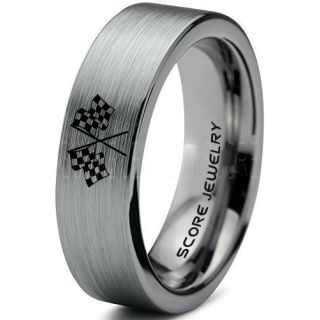 Racing Ring, Racing Flag Ring, Checkered Flag Ring, Chequered Flag Ring, Silver Tungsten Ring, Auto Racing Ring, Silver Wedding Band, Silver Tungsten Ring