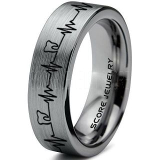 Dentist Ring, Dental Ring, Tooth Ring, Tooth Heartbeat Ring, Molar Tooth Ring, Silver Tungsten Band, Silver Tungsten Wedding Band, Dental Hygienist Gift, Dentist Gift
