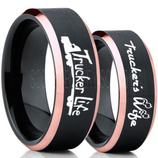Truck Driver Ring, Trucker's Wife Ring, 2 Piece Couple Set Trucker Ring, Truck Life Ring, Trucker Life ring, Black Tungsten Ring, Trucker Jewelry, Truck Driver Wedding Band, Black Tungsten Band, Black Wedding Ring