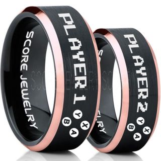Gamer Rings, Couple Ring Set, Player 1 Player 2 Rings, Controller Rings, Black Gamer Wedding Rings, Black Tungsten Gamer Wedding Bands, Black Tungsten Rings, Black Wedding Bands, Gamer Jewelry