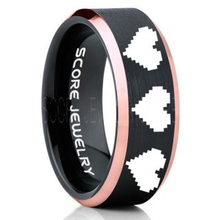 Legend of Zelda Ring, 8 Bit Hearts Ring, Zelda Wedding Ring, Zelda Wedding Band, Gamer Ring, Black Tungsten Ring, Black Wedding Band, 8 Bit Hearts Zelda Ring