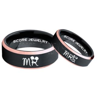 Mickey Mouse Ring, Minnie Mouse Ring, 2 Piece Couple Set Black Tungsten Bands, Mr & Mrs Rings, Tungsten Wedding Bands, Black Wedding Rings