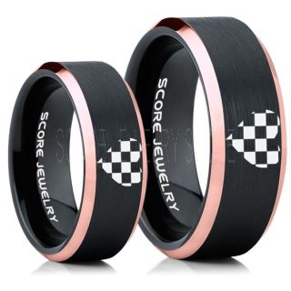 Racing Ring, 2 Piece Couple Ring Set, Racing Flag Ring, Checkered Flag Heart Ring, Chequered Flag Ring, Black Tungsten Ring, Auto Racing Ring, Black Wedding Band, Black Tungsten Ring