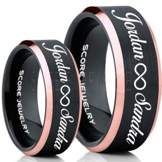 Infinity Couple Rings, Matching Couple Wedding Rings Set, Couple Wedding Rings, CUSTOMIZE YOUR NAMES Wedding Bands, Always and Forever Jewelry, Black Tungsten Wedding Ring, Black Tungsten Rings