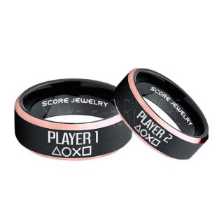 Player 1 Player 2 Rings, Gamer Rings, Black Tungsten Rings, Black Wedding Bands, Couple Ring Set Gamer Rings, Black Tungsten Bands