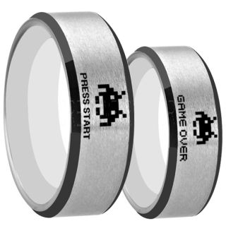Player 1 Player 2 Rings, Retro Gamer Rings, Gamer Rings, Space Invaders Rings, Atari Rings, Nintendo Rings, Silver Tungsten Rings, Silver Wedding Bands, Couple Ring Set Gamer Rings