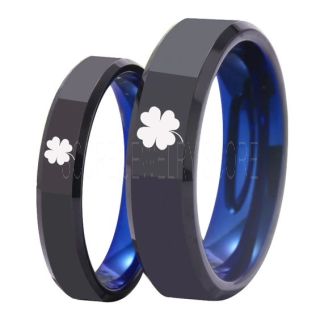 Clover Rings, 2 Piece Couple Set Four Leaf Clover Rings, Shamrock Rings, Irish Rings, Saint Patrick Black Tungsten Rings, Black Clover Tungsten Bands, Shamrock Tungsten Wedding Rings, Black Wedding Rings
