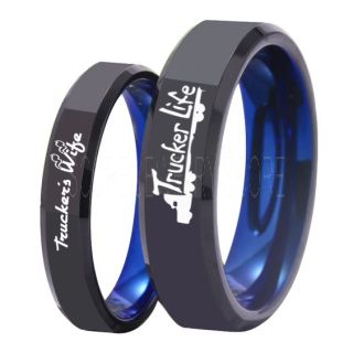 Truck Driver Ring, Trucker's Wife Ring, 2 Piece Couple Set Trucker Ring, Truck Life Ring, Trucker Life Ring, Black Tungsten Ring, Trucker Jewelry, Truck Driver Wedding Band, Black Tungsten Band, Black Wedding Ring