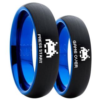 Player 1 Player 2 Rings, Retro Gamer Rings, Gamer Rings, Space Invaders Rings, Atari Rings, Nintendo Rings, Black Tungsten Rings, Black Wedding Bands, Couple Ring Set Gamer Rings