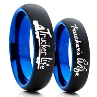 Truck Driver Ring, Trucker's Wife Ring, 2 Piece Couple Set Trucker Ring, Truck Life Ring, Trucker Life Ring, Black Tungsten Ring, Trucker Jewelry, Truck Driver Wedding Band, Black Tungsten Band, Black Wedding Ring