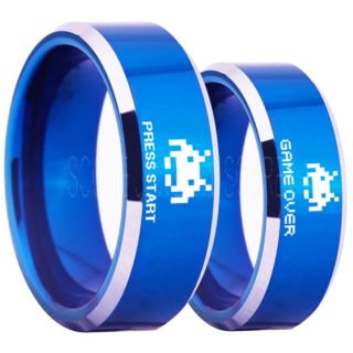 Player 1 Player 2 Rings, Retro Gamer Rings, Gamer Rings, Space Invaders Rings, Atari Rings, Nintendo Rings, Blue Tungsten Rings, Blue Wedding Bands, Couple Ring Set Gamer Rings