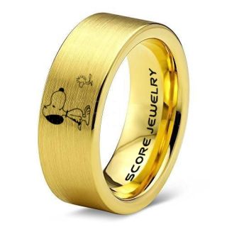 Snoopy Ring, Snoopy Wedding Ring, Snoopy Wedding Band, 14K Yellow Gold Tungsten Ring, Yellow Gold Ring, Yellow Gold Wedding Band, Yellow Gold Wedding Ring
