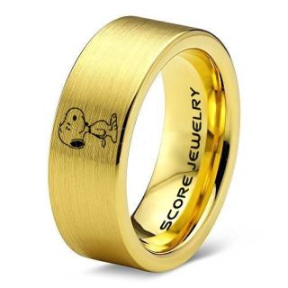 Snoopy Ring, Snoopy Wedding Ring, Snoopy Wedding Band, 14K Yellow Gold Tungsten Ring, Yellow Gold Ring, Yellow Gold Wedding Band, Yellow Gold Wedding Ring