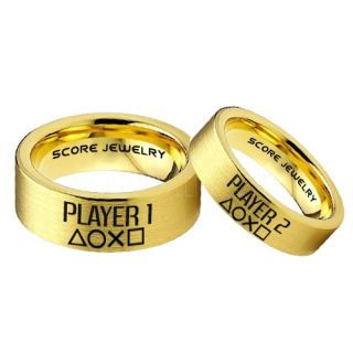 Player 1 Player 2 Rings, Gamer Rings, Yellow Gold Tungsten Rings, 14K Yellow Gold Wedding Bands, Couple Ring Set Gamer Rings, Yellow Gold Tungsten Bands