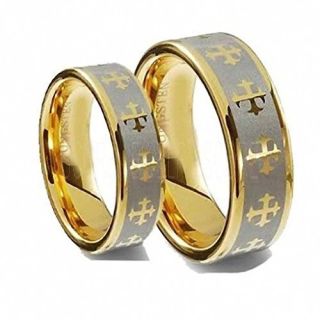 Christian Cross Ring, Religion Rings, Matching Couple Ring Set, 14K Yellow Gold Tungsten Couple Rings, Christian Cross Jewelry, Yellow Gold Tungsten Wedding Bands, Religious Jewelry 