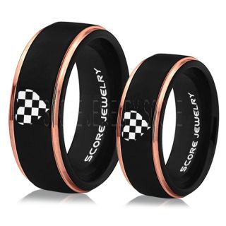 Racing Ring, 2 Piece Couple Ring Set, Racing Flag Ring, Checkered Flag Heart Ring, Chequered Flag Ring, Black Tungsten Ring, Auto Racing Ring, Black Wedding Band, Black Tungsten Ring