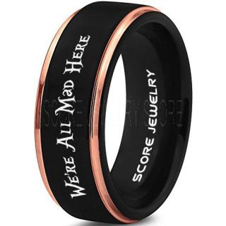 We're All Mad Here Ring, Alice in Wonderland Ring, Alice in Wonderland Wedding Ring, Alice in Wonderland Jewelry, Black Tungsten Ring, Black Ring, Black Wedding Band, Black Wedding Ring