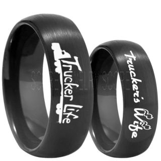 Truck Driver Ring, Trucker's Wife Ring, 2 Piece Couple Set Trucker Ring, Truck Life Ring, Trucker Life ring, Black Tungsten Ring, Trucker Jewelry, Truck Driver Wedding Band, Black Tungsten Band, Black Wedding Ring