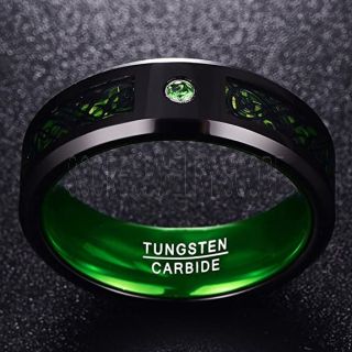 Green Ring, Green Tungsten Ring, Green Wedding Band, Black Tungsten Ring with Green Carbon Fiber and AAAAA Green CZ Stone Inlay Ring