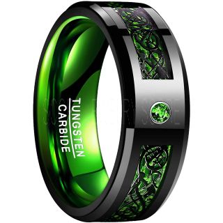 Green Ring, Green Tungsten Ring, Green Wedding Band, Black Tungsten Ring with Green Carbon Fiber and AAAAA Green CZ Stone Inlay Ring