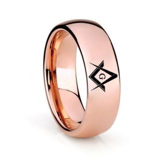 Freemason Ring, Freemason Jewelry, Freemasonry Jewelry, 14K Rose Gold Tungsten Band, Rose Gold Tungsten Wedding Band, Freemasonry Ring, Square and Compasses Tungsten Ring