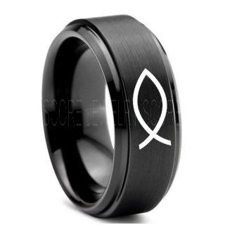Jesus Christ Ring, Christ Ring, Jesus Fish Ring, Ichthys Ring, Jesus Ring, Christian Cross Ring, Christian Cross Ring, Religion Ring, Black Tungsten Ring, Christian Cross Jewelry, Black Tungsten Wedding Band, Religious Jewelry