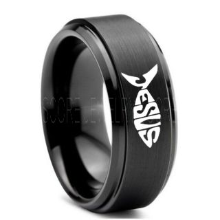 Jesus Christ Ring, Christ Ring, Jesus Fish Ring, Ichthys Ring, Jesus Ring, Christian Cross Ring, Christian Cross Ring, Religion Ring, Black Tungsten Ring, Christian Cross Jewelry, Black Tungsten Wedding Band, Religious Jewelry