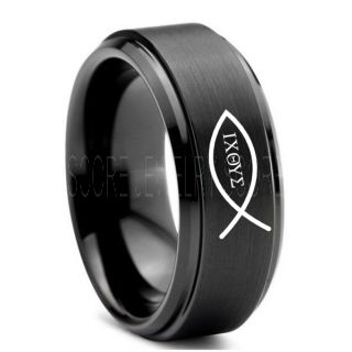 Jesus Christ Ring, Christ Ring, Jesus Fish Ring, Ichthys Ring, Jesus Ring, Christian Cross Ring, Christian Cross Ring, Religion Ring, Black Tungsten Ring, Christian Cross Jewelry, Black Tungsten Wedding Band, Religious Jewelry