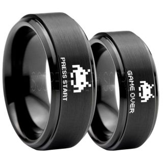 Player 1 Player 2 Rings, Retro Gamer Rings, Gamer Rings, Space Invaders Rings, Atari Rings, Nintendo Rings, Black Tungsten Rings, Black Wedding Bands, Couple Ring Set Gamer Rings