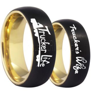Truck Driver Ring, Trucker's Wife Ring, 2 Piece Couple Set Trucker Ring, Truck Life Ring, Trucker Life Ring, Black Tungsten Ring, Trucker Jewelry, Truck Driver Wedding Band, Black Tungsten Band, Black Wedding Ring