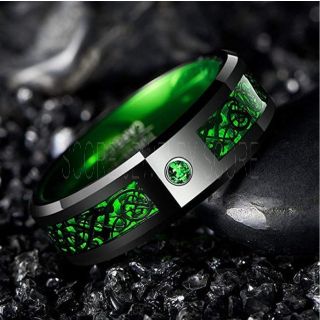 Green Ring, Green Tungsten Ring, Green Wedding Band, Black Tungsten Ring with Green Carbon Fiber and AAAAA Green CZ Stone Inlay Ring