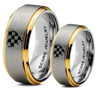 Racing Ring, 2 Piece Couple Ring Set, Racing Flag Ring, Checkered Flag Heart Ring, Chequered Flag Ring, Silver Tungsten Ring, Auto Racing Ring, Silver Wedding Band, Silver Tungsten Ring