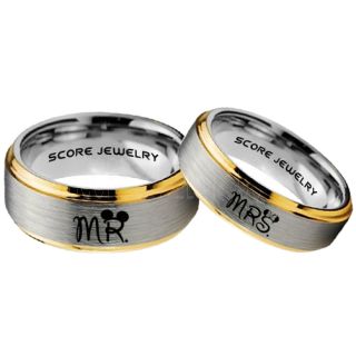 Mickey Mouse Ring, Minnie Mouse Ring, 2 Piece Couple Set Silver Tungsten Bands, Mr & Mrs Rings, Tungsten Wedding Bands, Silver Wedding Rings