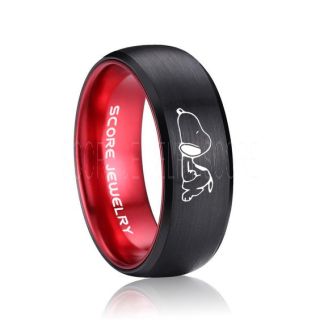 Snoopy Ring, Red Tungsten Ring, Red Ring, Red Wedding Band, Black Wedding Band, Black Wedding Ring, Red Wedding Ring, Black Tungsten Ring