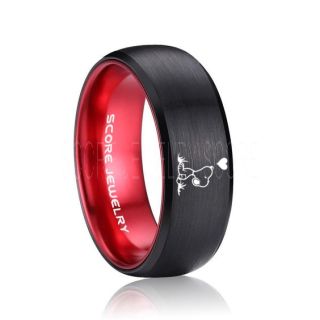 Snoopy Ring, Red Tungsten Ring, Red Ring, Red Wedding Band, Black Wedding Band, Black Wedding Ring, Red Wedding Ring, Black Tungsten Ring