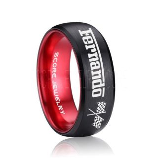 Auto Racing Ring, Ferrari Ring, Personalize with Custom Name, Racing Ring, Racing Wedding Band, Auto Racing Wedding Ring, Black Tungsten Band, Black Wedding Ring