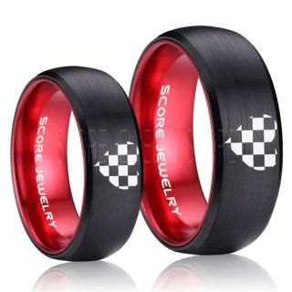 Racing Ring, 2 Piece Couple Ring Set, Racing Flag Ring, Checkered Flag Heart Ring, Chequered Flag Ring, Black Tungsten Ring, Auto Racing Ring, Black Wedding Band, Black Tungsten Ring