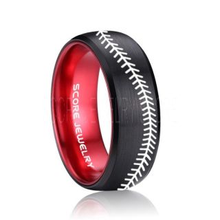 Baseball Ring, Baseball Stitch Pattern Ring, Red Tungsten Ring, Red Ring, Black Wedding Band, Black Wedding Ring, Baseball Stitch Ring, Red Wedding Band