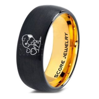 Snoopy Ring, Snoopy Wedding Ring, Snoopy Wedding Band, Black Tungsten Ring, Black Ring, Black Wedding Band, Black Wedding Ring